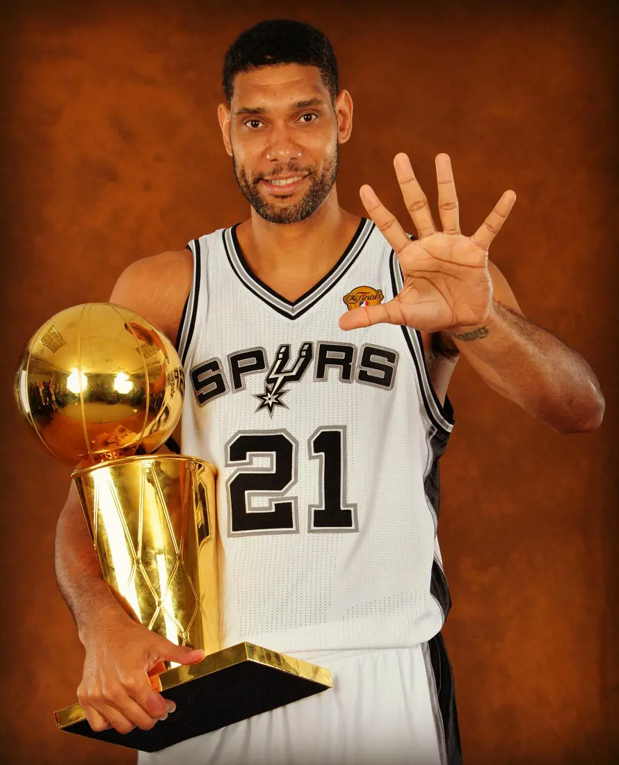 Five-time NBA champion Tim Duncan with the Larry O'Brien Trophy