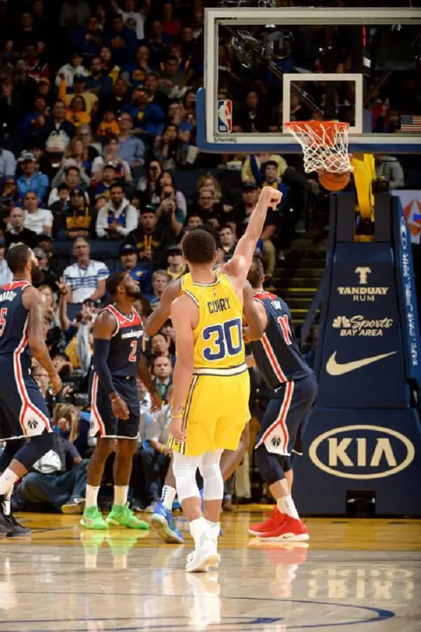 Steph Curry three point beauty against the Washington Wizards during an NBA game