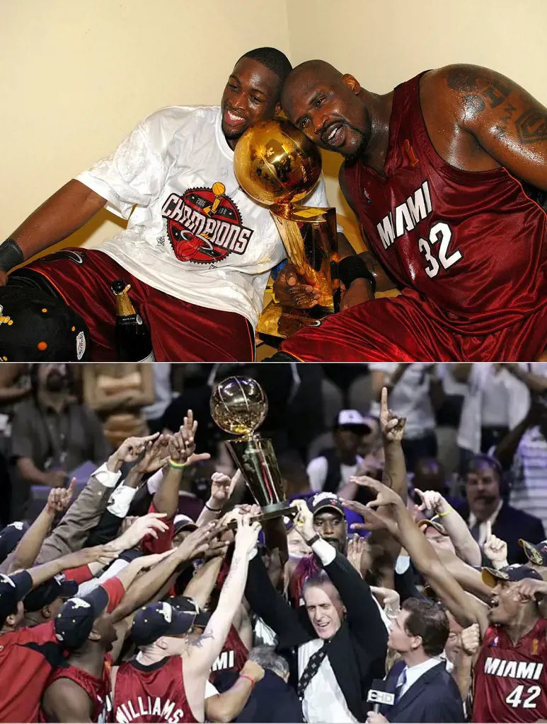 Dwyane Wade and Shaquille O’Neal clutching their NBA championship trophy in 2006 in 2006.