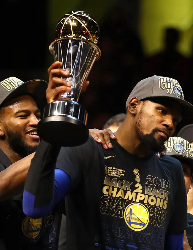 Kevin Durant won his back-to-back NBA Finals MVP with the Warriors in 2017 and 2018.
