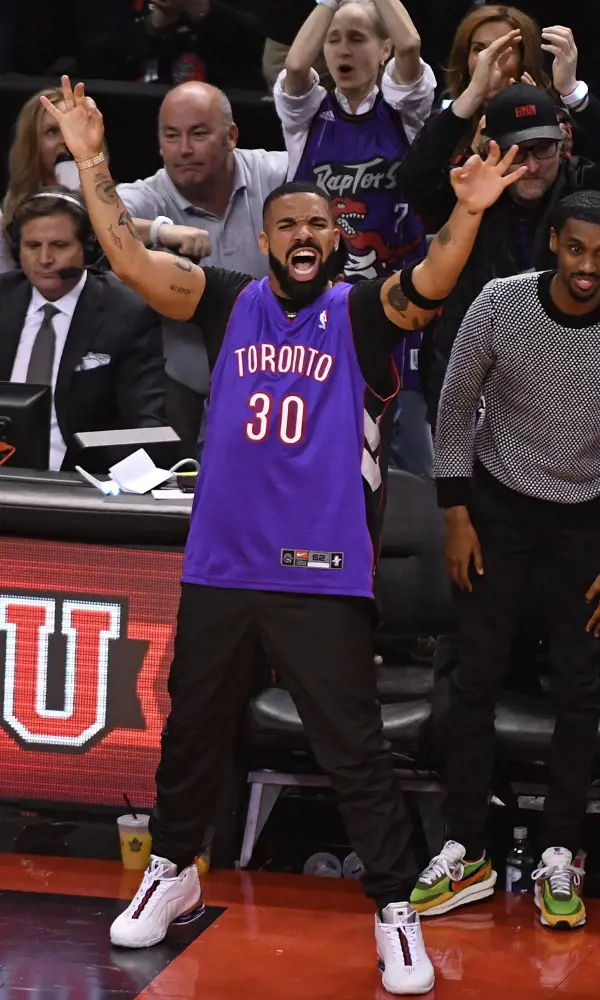 Global musical icon Drake cheering for the Raptors in Game 5.
