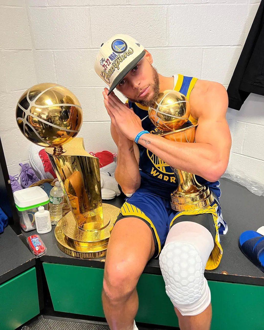 Steph celebrating his NBA Finals MVP win in 2022.