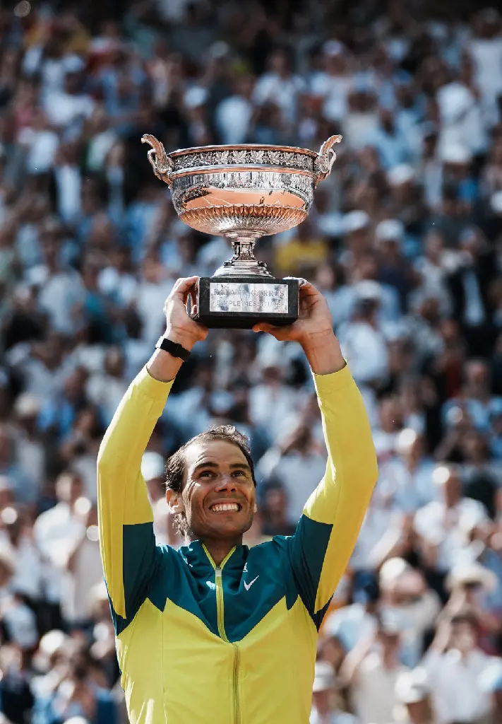Rafael Nadal lifts the cup after defeating Norway's Casper Ruud in the final of the French Open at Garros Stadium in Paris