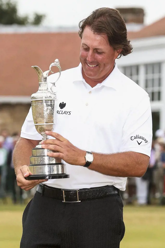 Phil lifts the 2013 Claret Jug at Muirfield with a Rolex Cellini Danaos clearly visible on his wrist