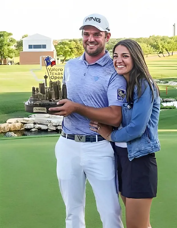 Corey shows off his first trophy at Valero Texas Open in 2019 with his wife Malory Conners.