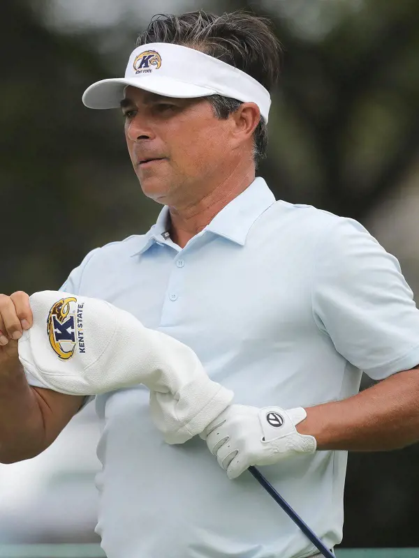David Morland takes of Kent State covers from his club at Bridgestone Senior Players Championship in August 2020.