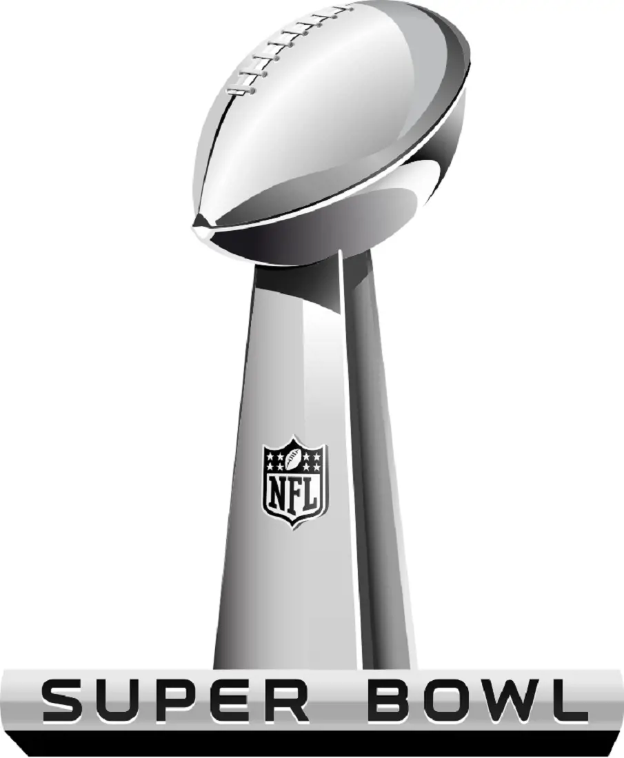 Super Bowl trophy showing an American football on top of a Pole like structure bearing NFL logo.