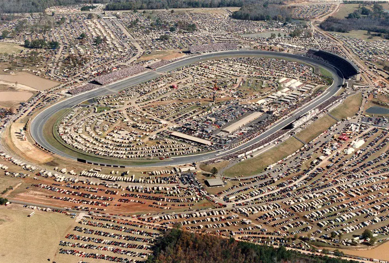 Ariel view of Atlanta Motor Speedway with adjacent parking spaces.