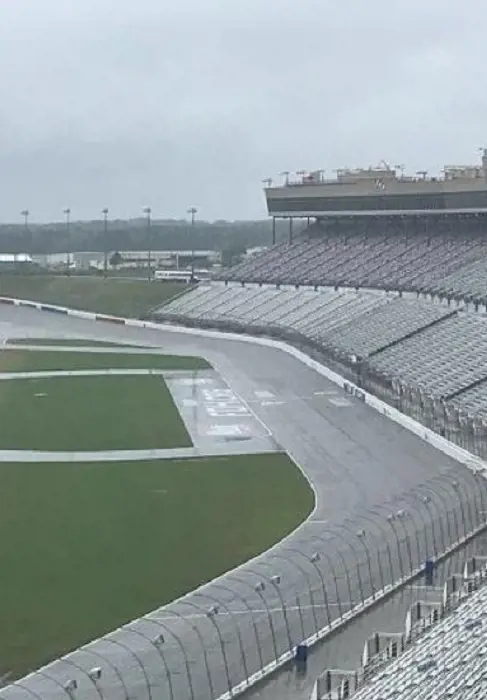 Pouring rain and dark clouds as seen at Atlanta Speedway.