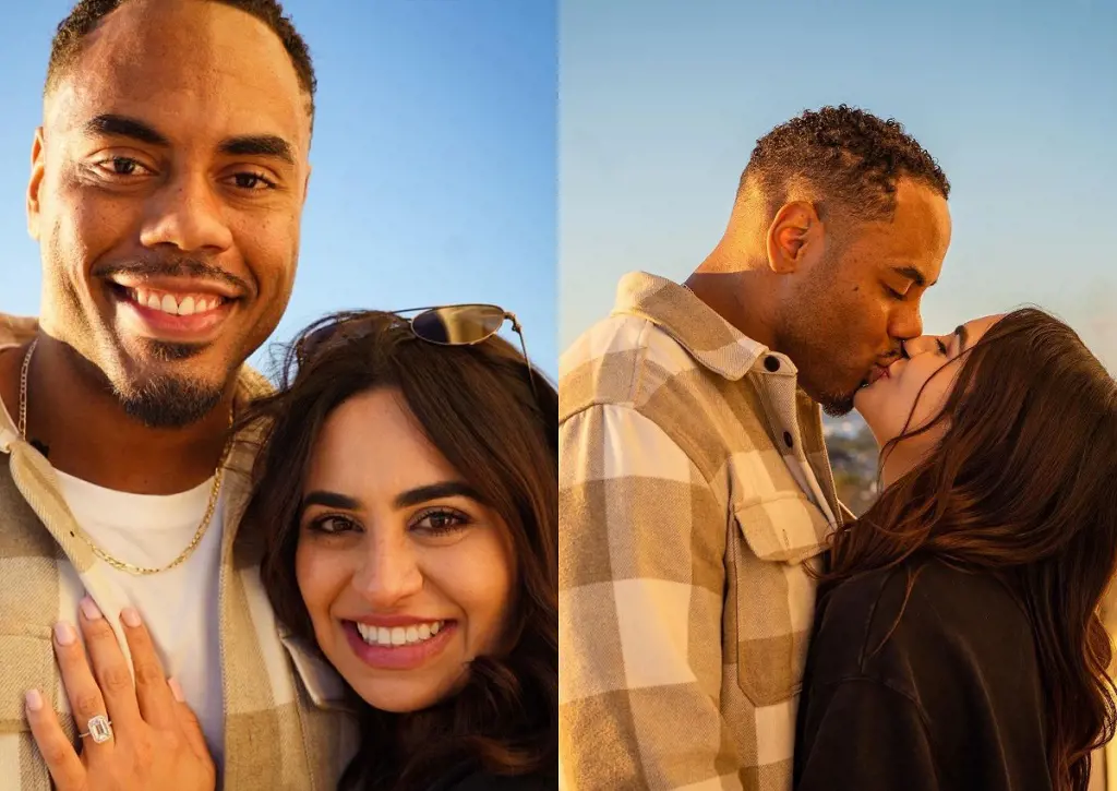 Rashad and Destiney kissing in December 2022 at a hotel rooftop in LA