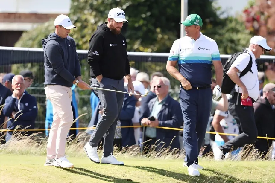 Rory Mcllroy (left), Shane Lowry (center), and Pádraig Harrington (right) all together during a practice round