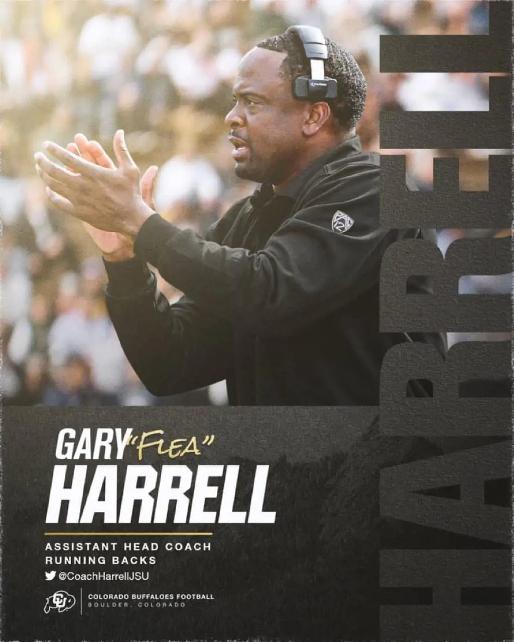 Gary Harrell coach of Colorado promoting is new job in his social media in December 2022