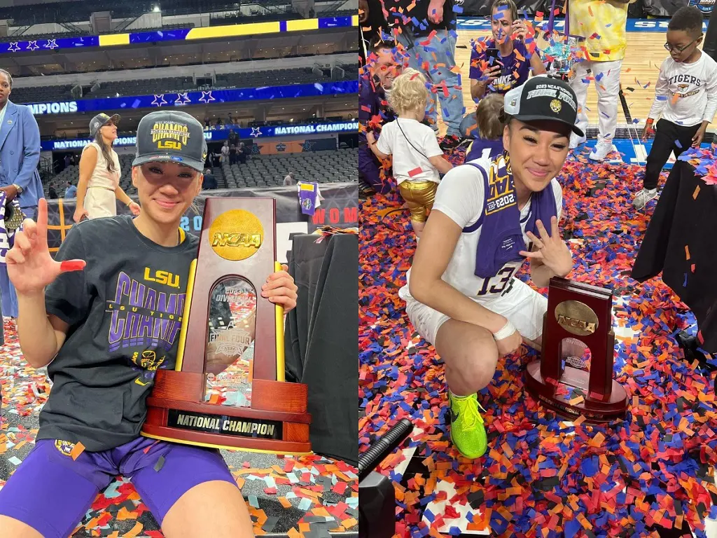 LSU standout Last-Tear poses with NCAA National Championship Trophy in April 2023