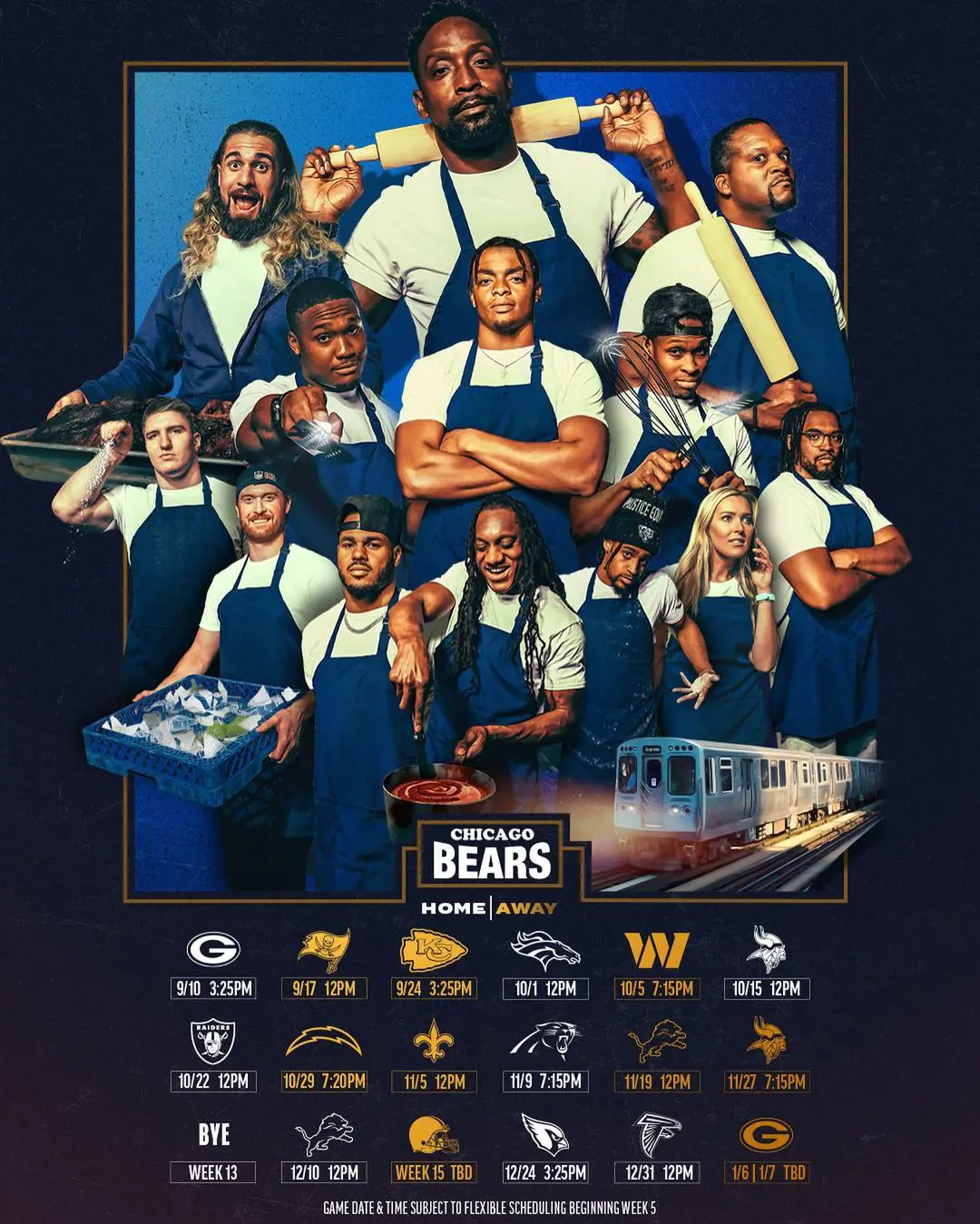 Chicago players enacting The Bear TV show. They listed their 2023 schedule as well