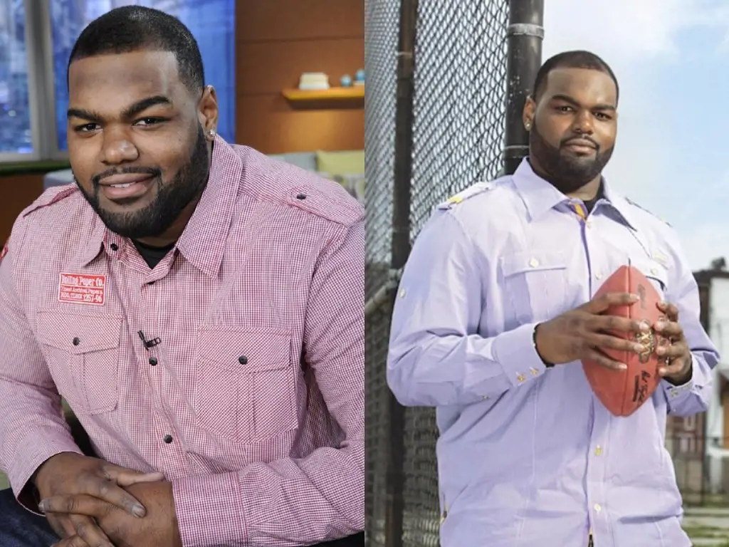 (Right) Oher holding a football while looking directly at the camera for a portrait
