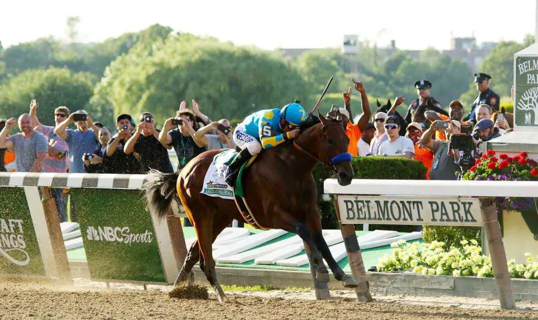 Pharoah in the Belmont park race in 2021 cheered by the huge crowd after nearing the victory