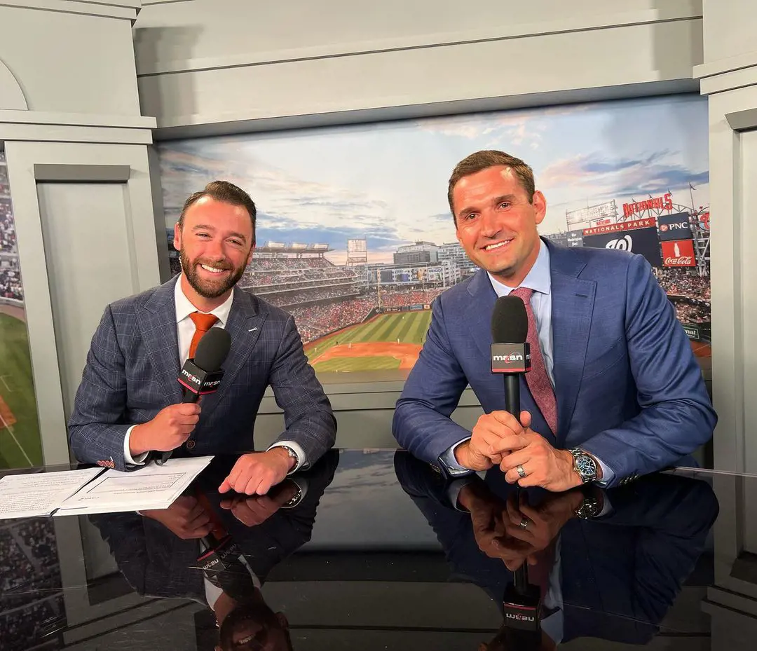 Dan Kolko (L) with Ryan Zimmerman for MLB coverage in May 2022