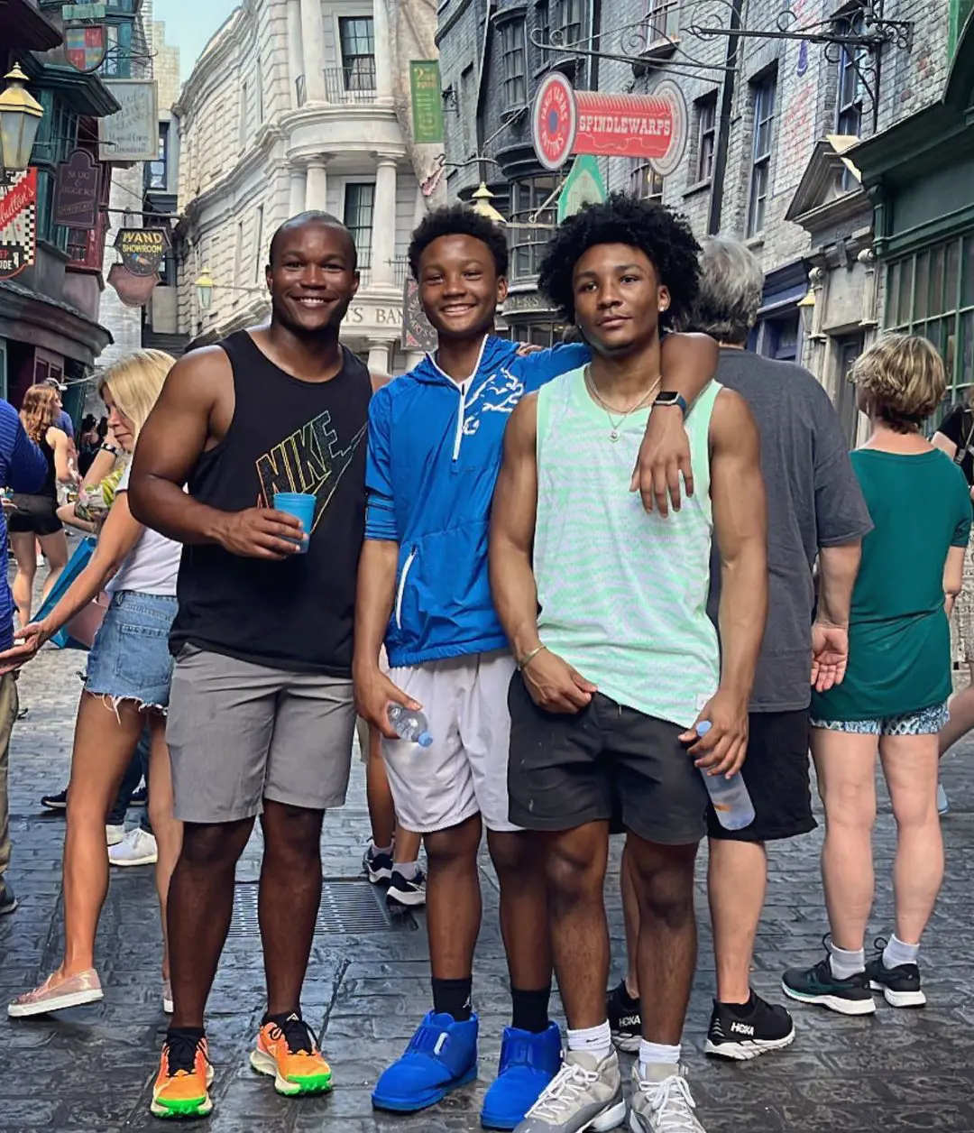 Left to right: Barry J Sanders , Noah and Nigel at Universal Studios Florida on April 18, 2022. 