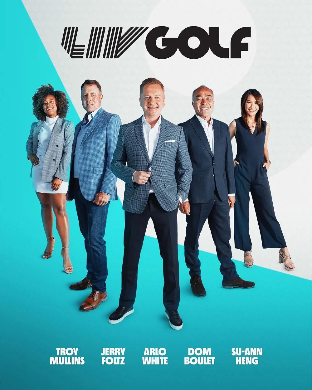The six-person team of LIV Golf broadcast led by Arlo White
