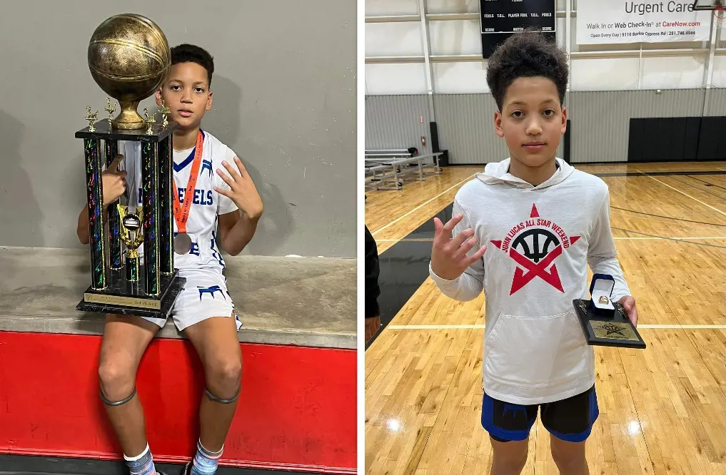 Jevin (right photo) during the John Lucas Tourney in Houston in March 2023.