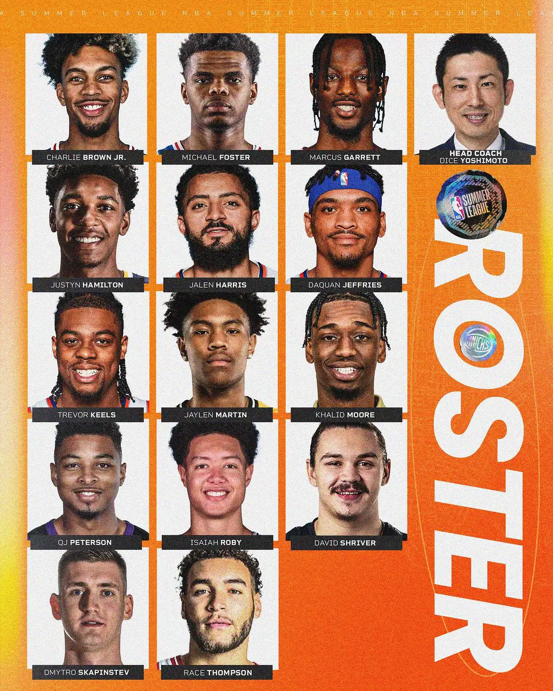 Summer League roster of New York Knicks alongside the head coach for the tournament