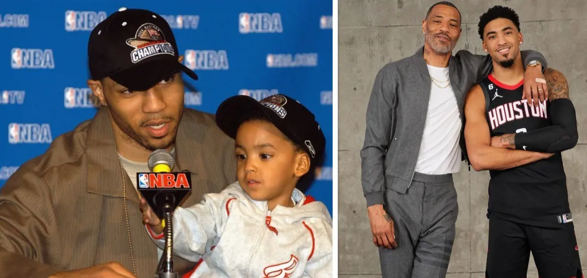 Kenyon Sr. with a kid Kenyon (left photo) at a press conference. The two (right photo) at the 2023  NBA All-Star game in February 2023.