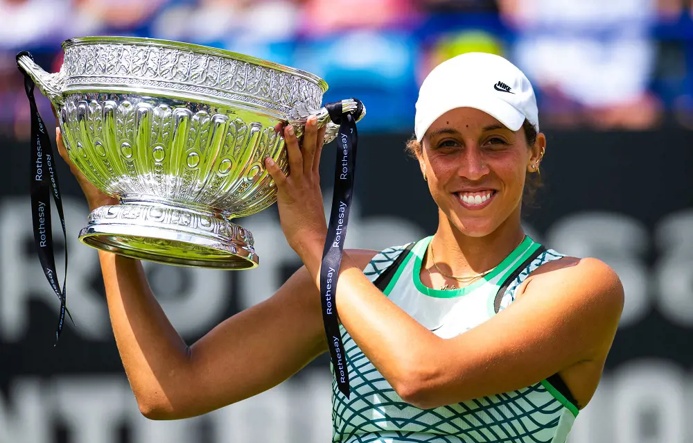 Madison Keys lifting her seventh career title in July 2023