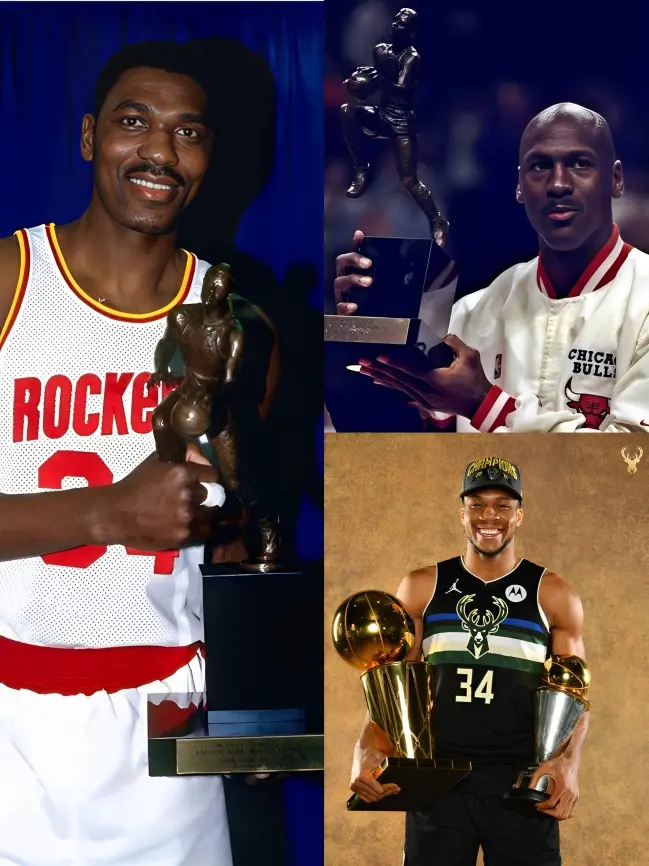 Three NBA stars Michael, Hakeem and Giannis holding their MVP trophy.